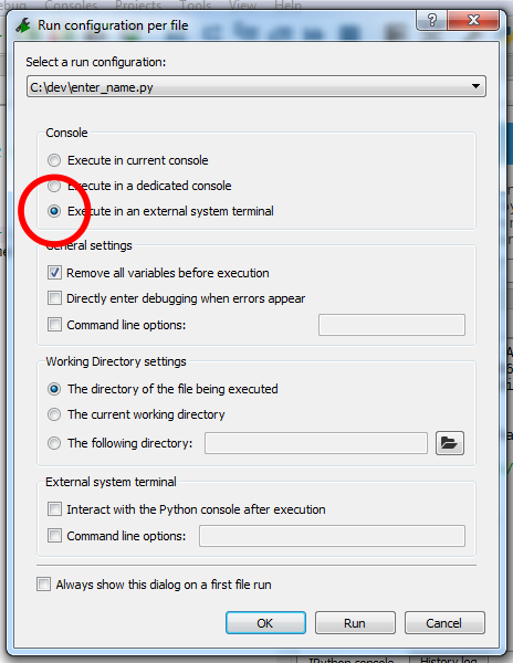 Spyder execute in a system console