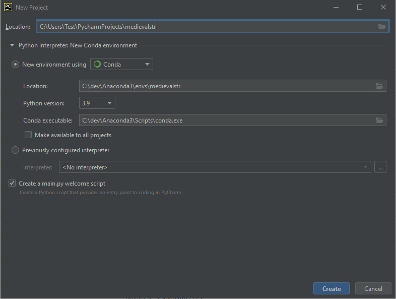 Pycharm new project