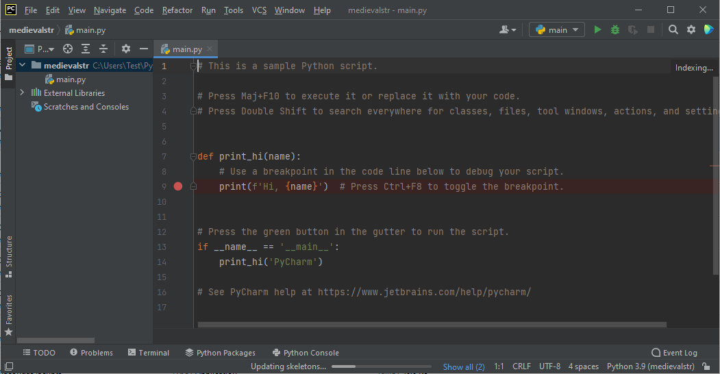 Pycharm main window