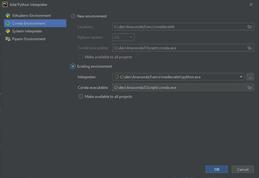 Pycharm conda interpreter